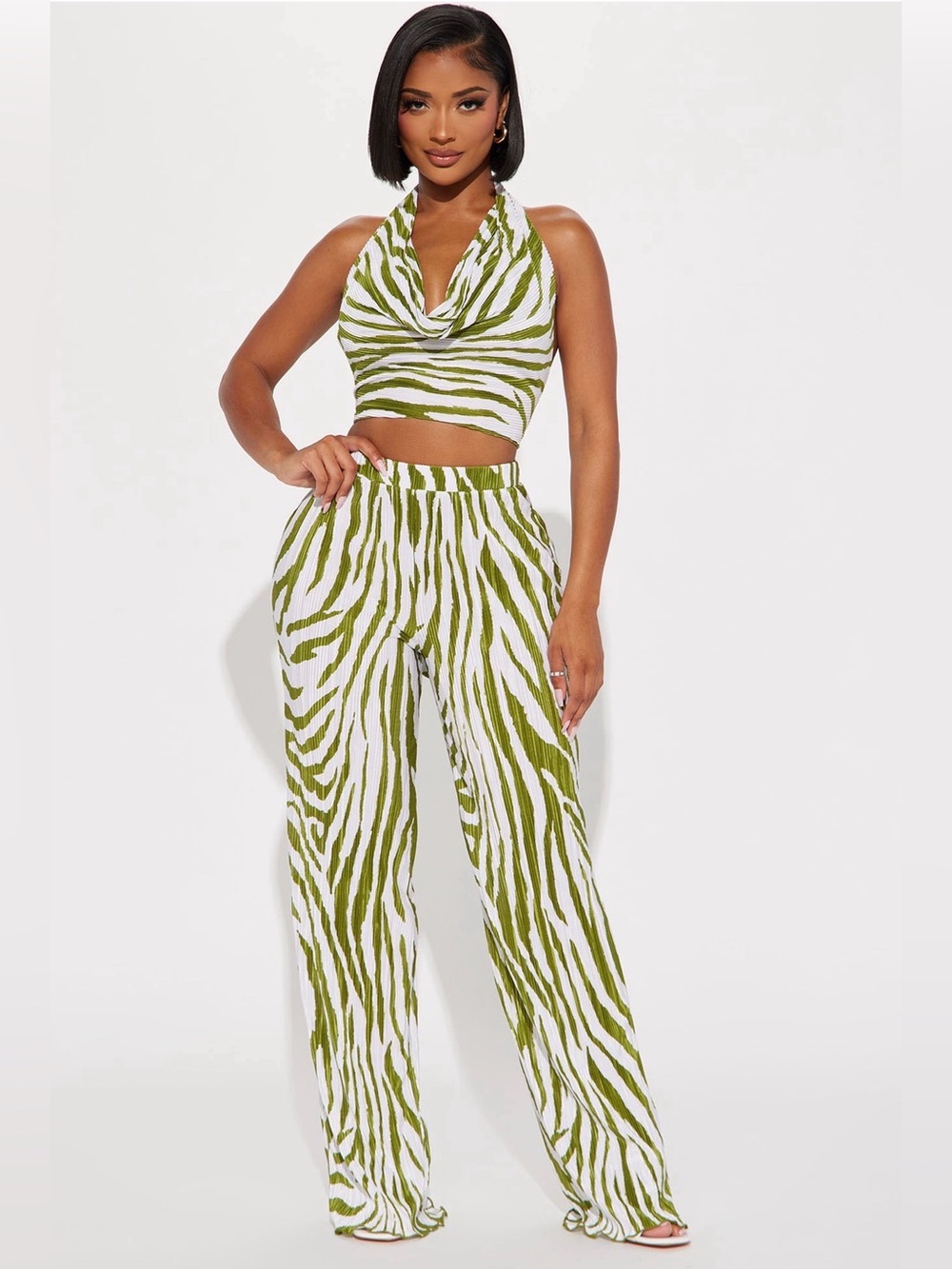 Fashion Nova Green Zebra Print Halter Pant Set Size Small